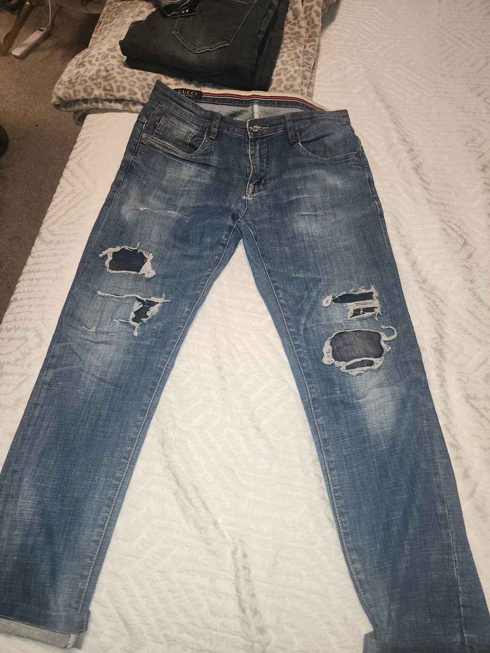 Gucci Men’s Blue Denim Jeans with Red-Green Web Stripe